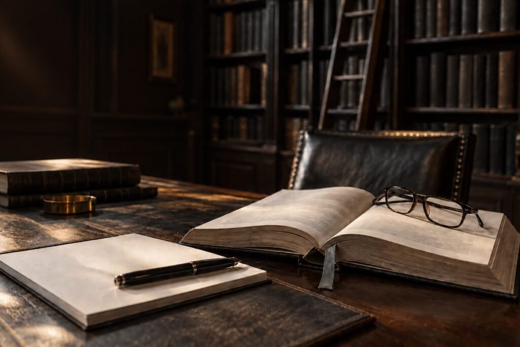 Livro jurídico aberto com óculos de leitura na biblioteca de um escritório de advocacia criminal