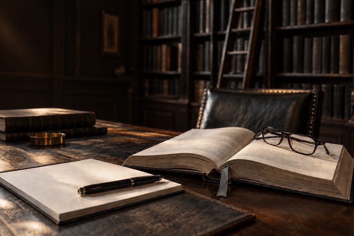Livro jurídico aberto com óculos de leitura na biblioteca de um escritório de advocacia criminal