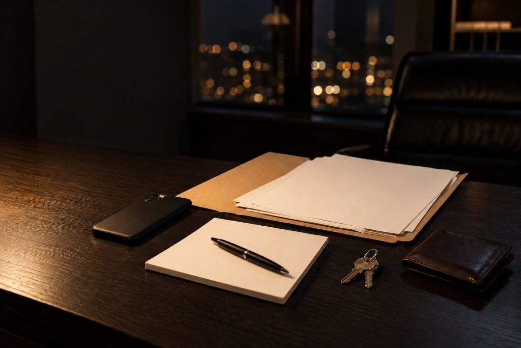 Pasta de documentos, celular e bloco de anotações sobre a mesa de um escritório de advocacia criminal à noite