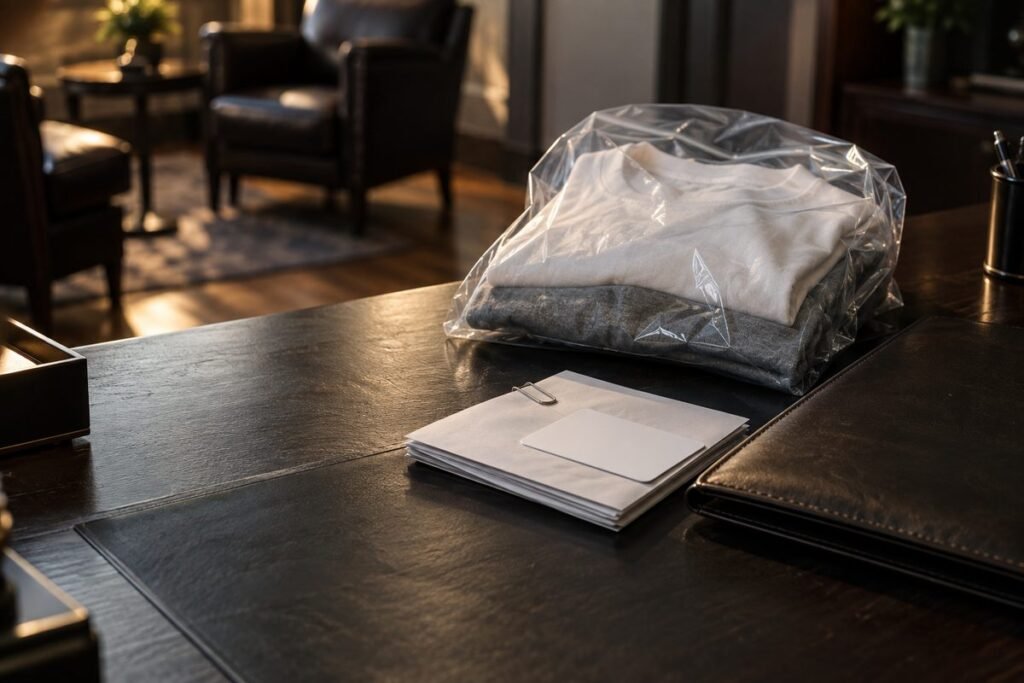 Sacola transparente com roupas e documentos pessoais sobre a mesa de um escritório de advocacia criminal