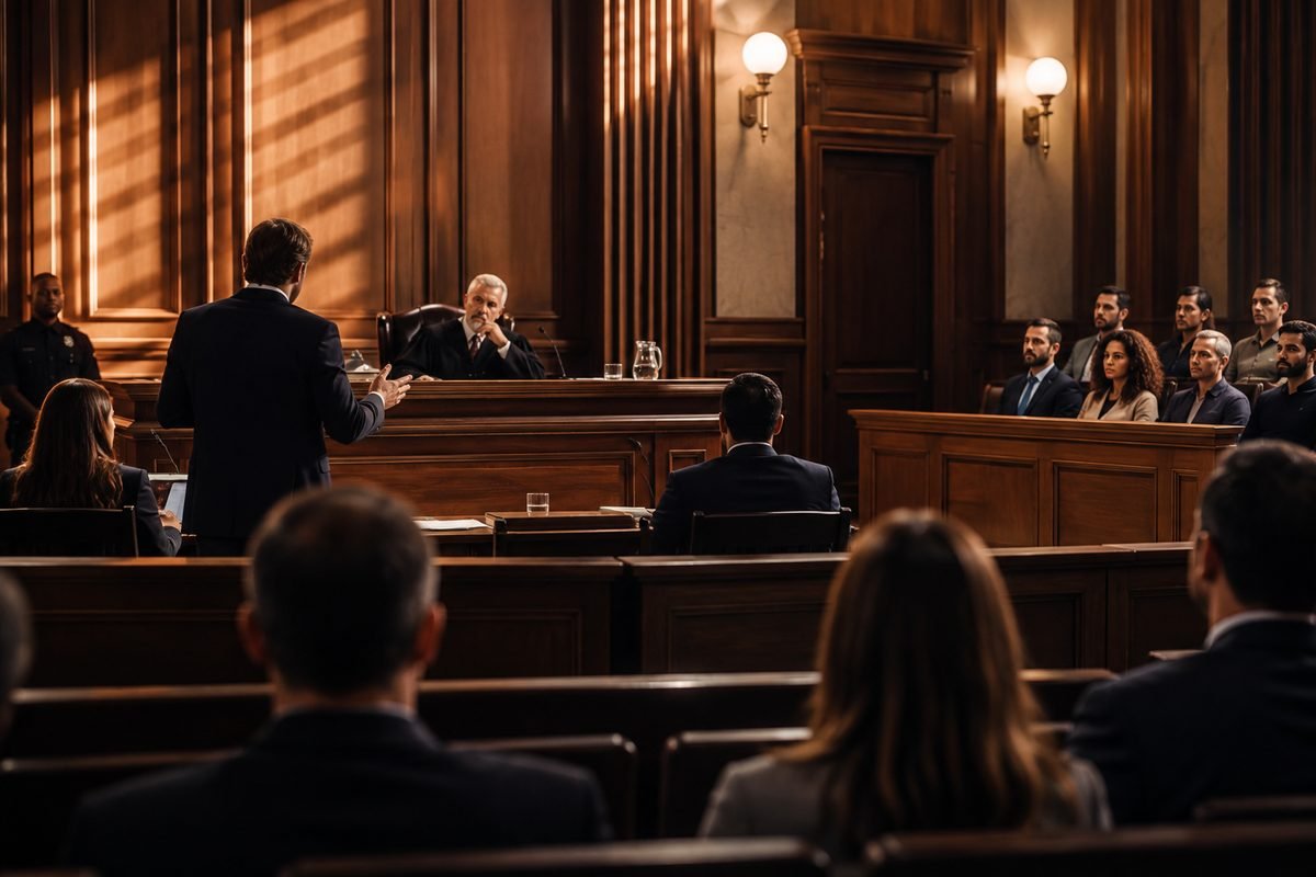 Sessão de julgamento em plenário do Tribunal do Júri, com o advogado de pé diante do juiz e dos jurados