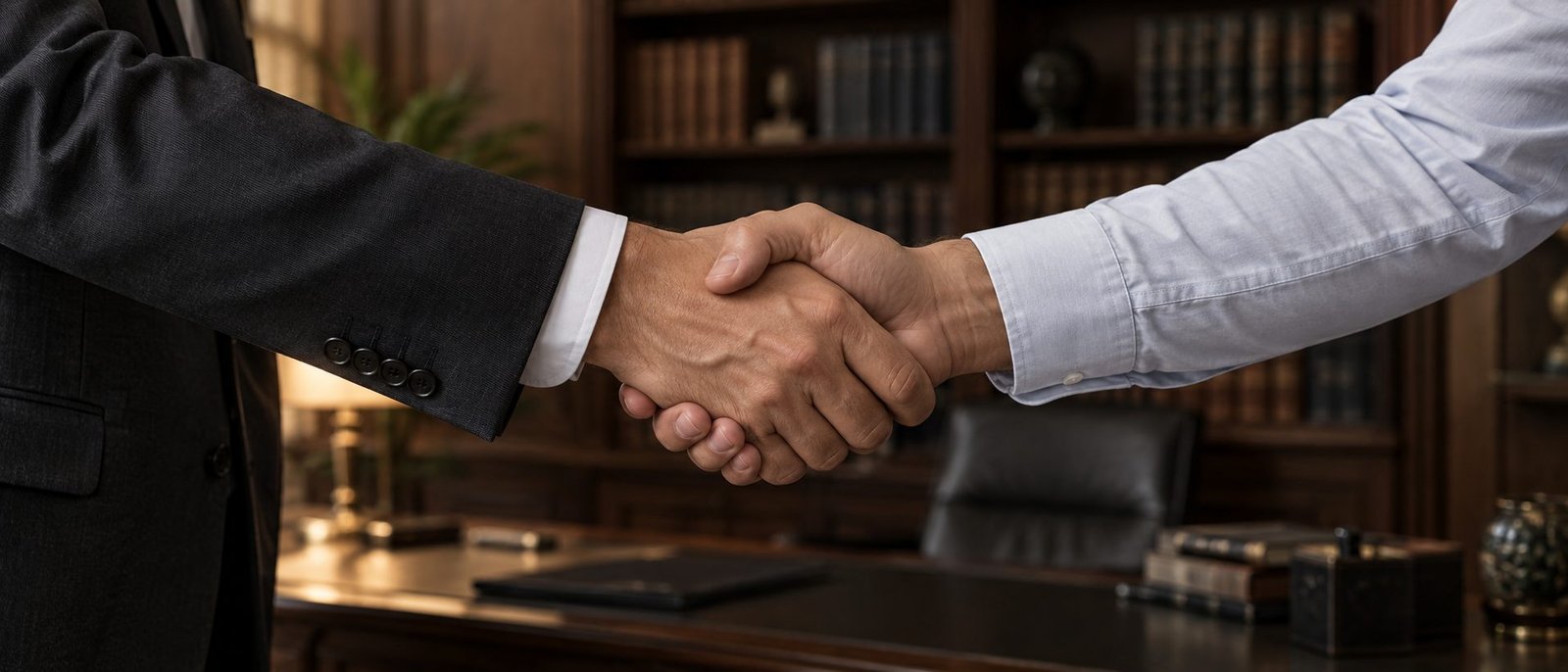 Aperto de mão entre advogado e cliente em escritório de advocacia criminal no Rio de Janeiro