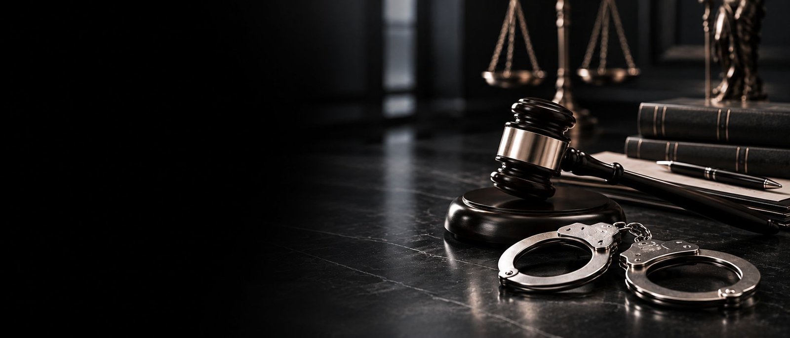 Martelo, balança da justiça, livros e algemas sobre a mesa de um tribunal, representando a defesa em processos da Lei Maria da Penha no Rio de Janeiro