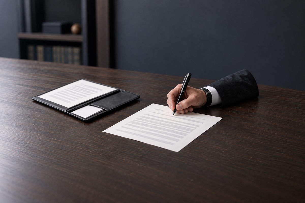 Advogado assinando uma petição sobre a mesa do escritório, representando o pedido de habeas corpus no Rio de Janeiro