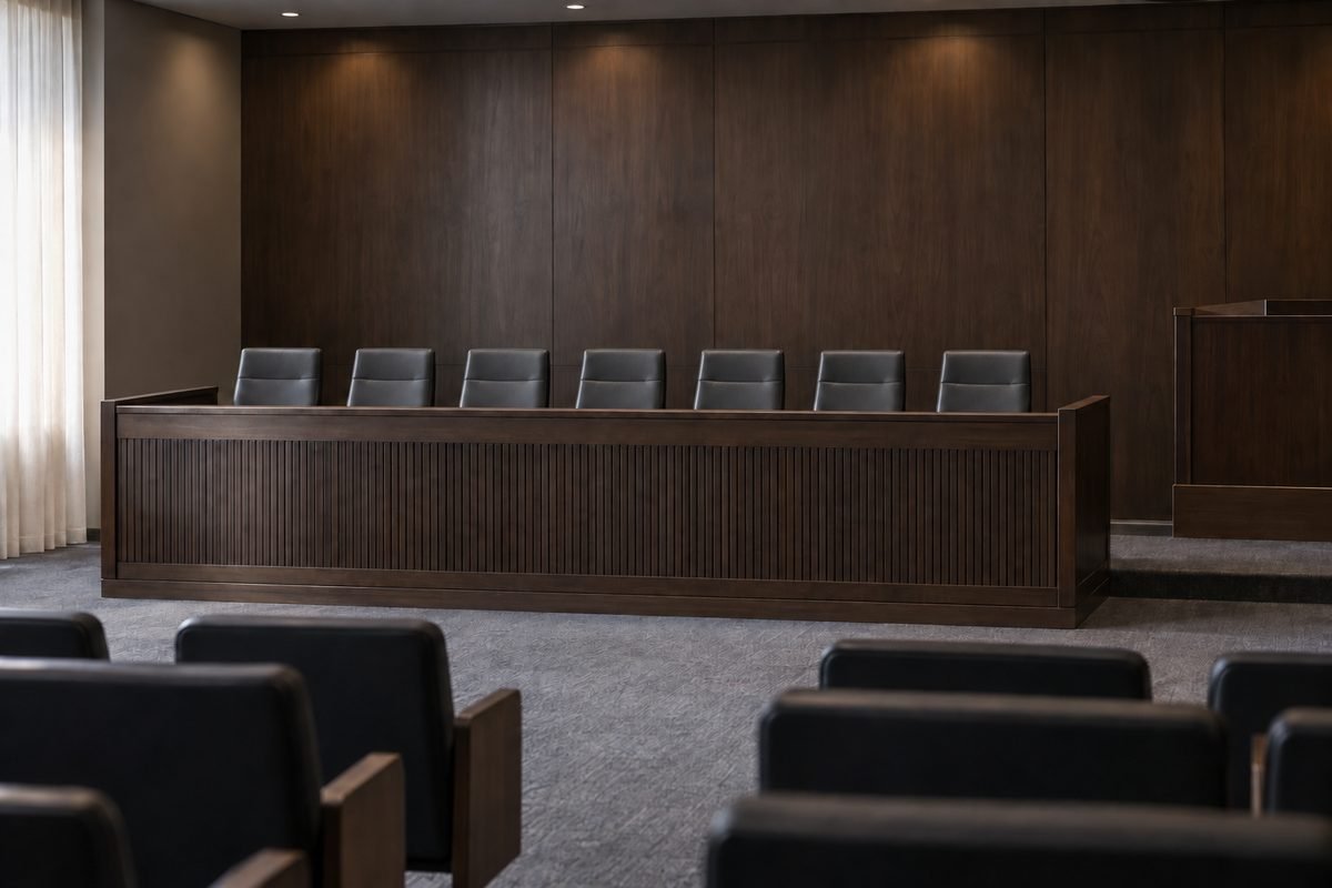 Plenário do Tribunal do Júri vazio, com a bancada dos jurados e as cadeiras do público, antes de uma sessão de julgamento no Rio de Janeiro