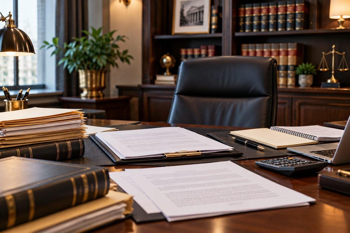 Autos e documentos do processo sobre a mesa do escritório antes de qualquer pedido